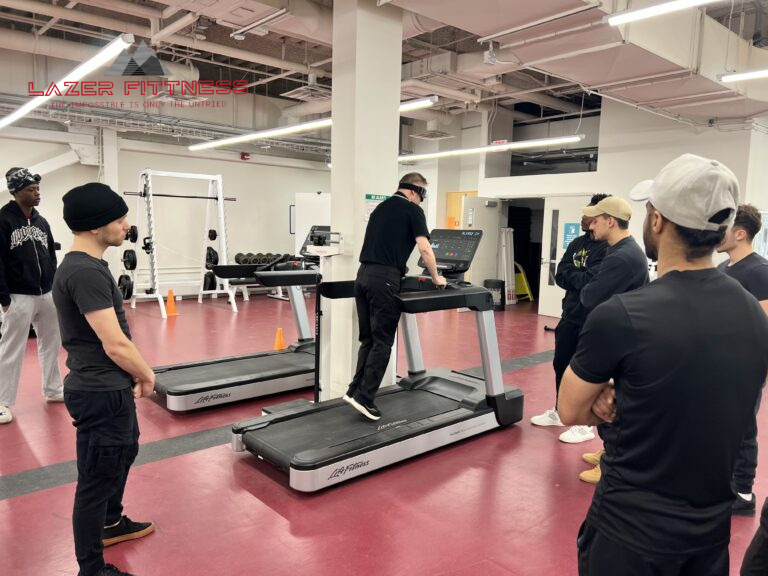 Home Bob is blindfolded on a treadmill at Mohawk College gym